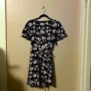 NWT Papermoon Blue Pink Floral Print Wrap Flutter Sleeve Dress S